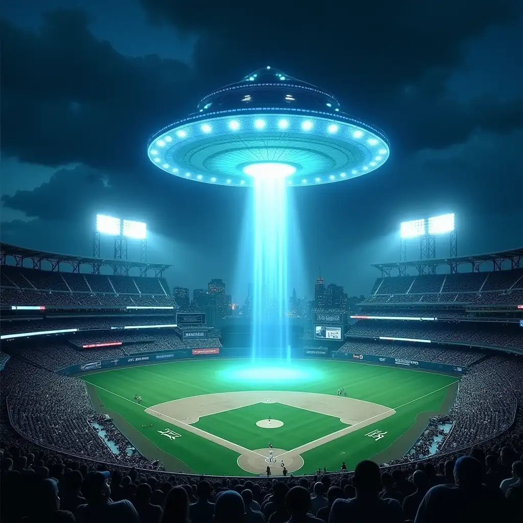 UFO Hovering Over Yankee Stadium in Bronx NY Explosive Blue and Bright Green Sky Scene