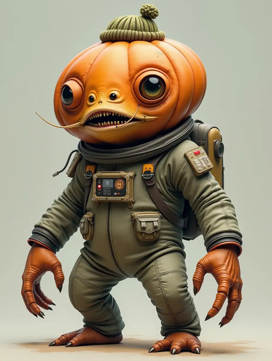 A large-sized alien creature, with a pumpkin-like head, four crab eyes, a large mouth, a fleshy nose like a potato, and long whiskers like thin tentacles. It has six arms with human hands. Wearing a spacesuit with an open helmet, and on its head is a small knitted hat.