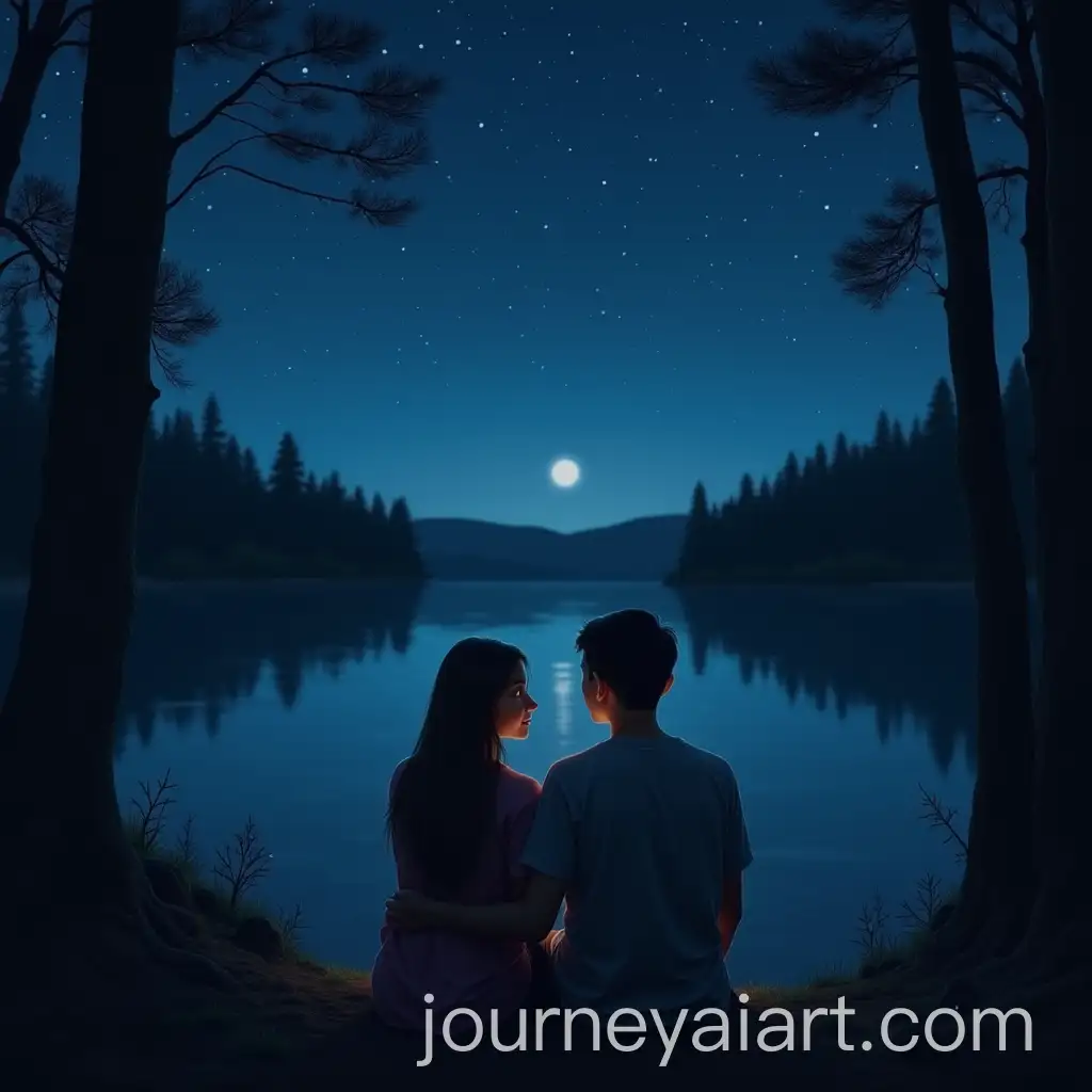 Couple-Embracing-by-a-LakeAI-Image-Prompt-Expansion-Under-a-Starry-Sky-in-a-Forest