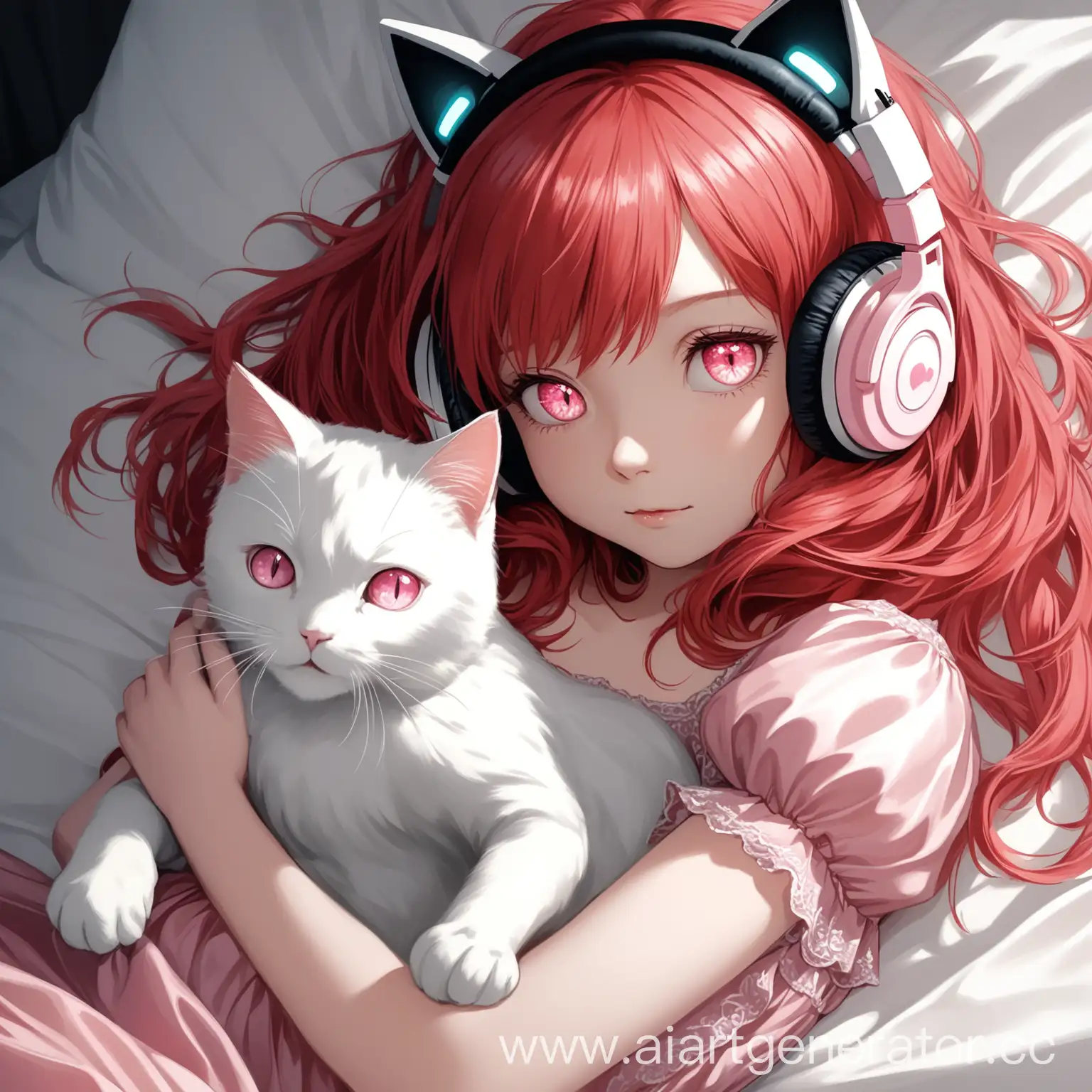 RedHaired-Girl-with-Cat-in-Headphones-on-Bed