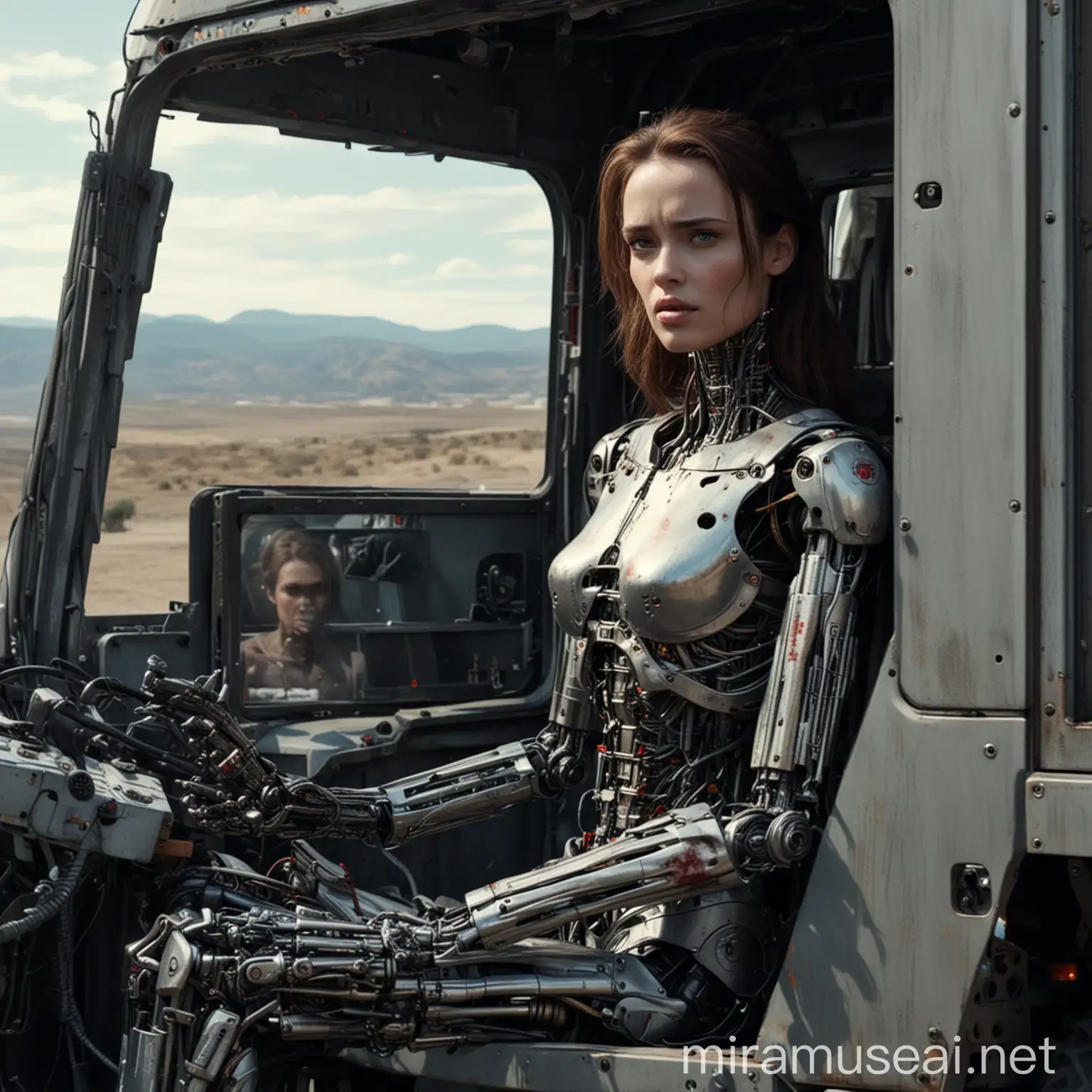 Realistic Terminator Woman Robot Driving Big Truck with Human Woman