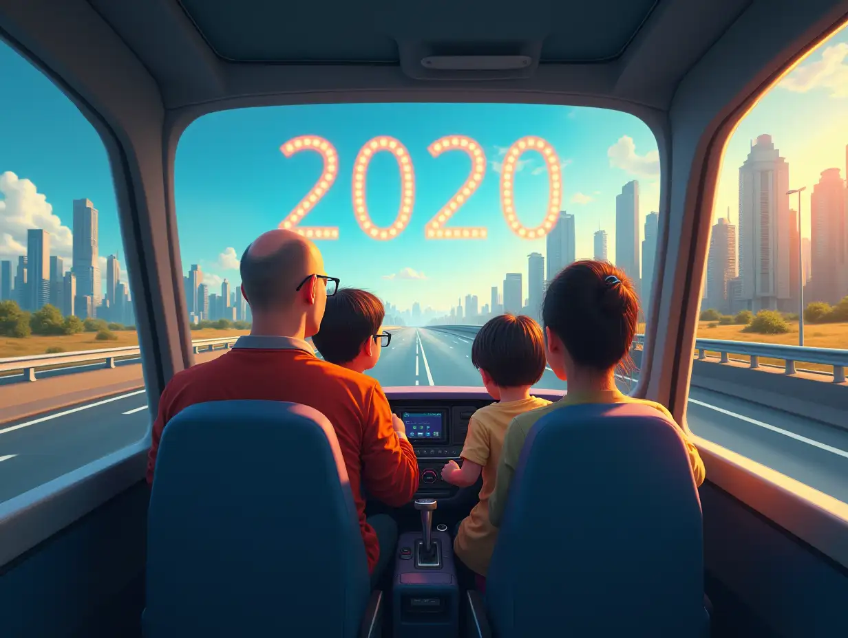 user_prompt: An image of a Vietnamese family consisting of members: father (bald), mother (short hair), son (glasses), daughter (short hair). The son drives a rocket car. The father, mother, and daughter sit in the back, driving on the highway, stopping at a urban area on the screen displaying the year 2020.