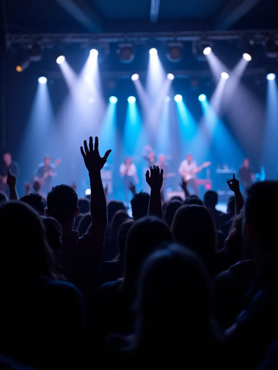 a crowd of people watching a band at a music venue, great lighting, arms waving, wide angle