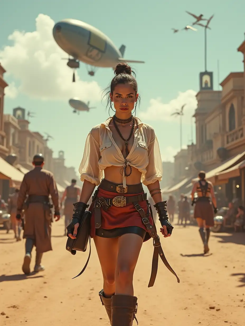 Steampunk city in a desert. Some steampunk dress people on the street, the women are wearing steampunk mini skirt and open cute transparent unbuttoned shirt. Flying some zeppelin in the air. The people are fighting monsters.