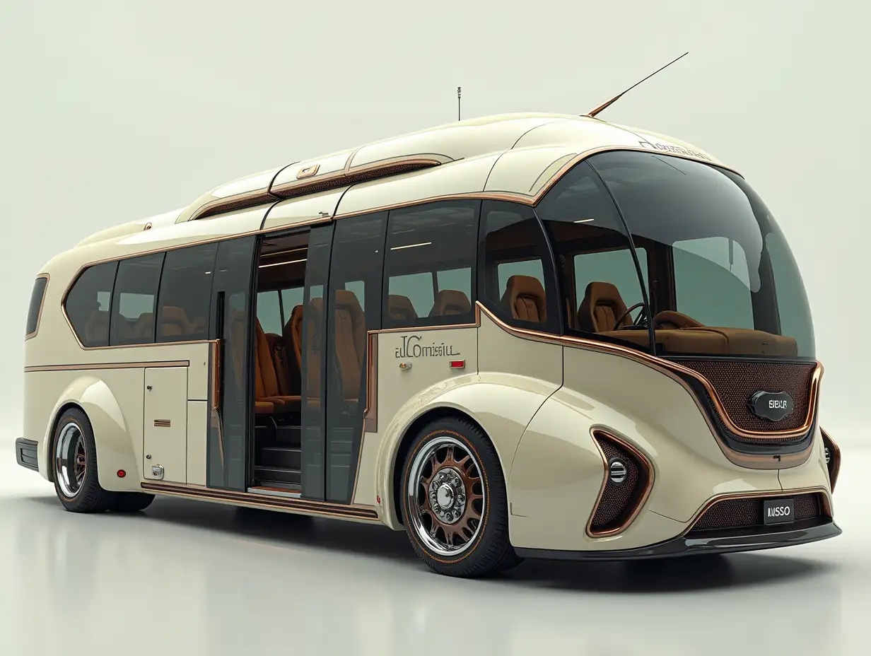 Supermodern utopian sports omnibus with gears, lowered body, 18-inch rims, aluminum wheels, cream silver brown, Cyberpunk