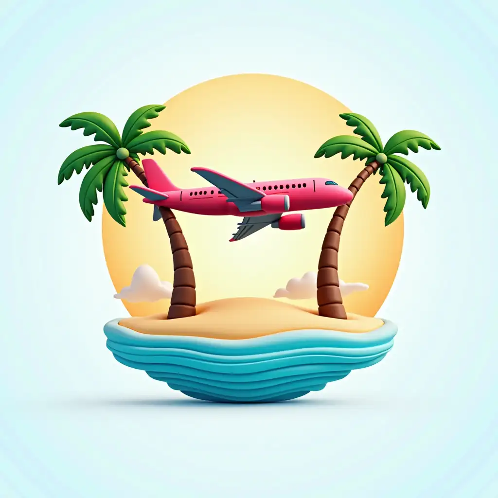 A logo, airplane, beach, flight route, palm trees, in 3d, vibrant colors, without text or letters