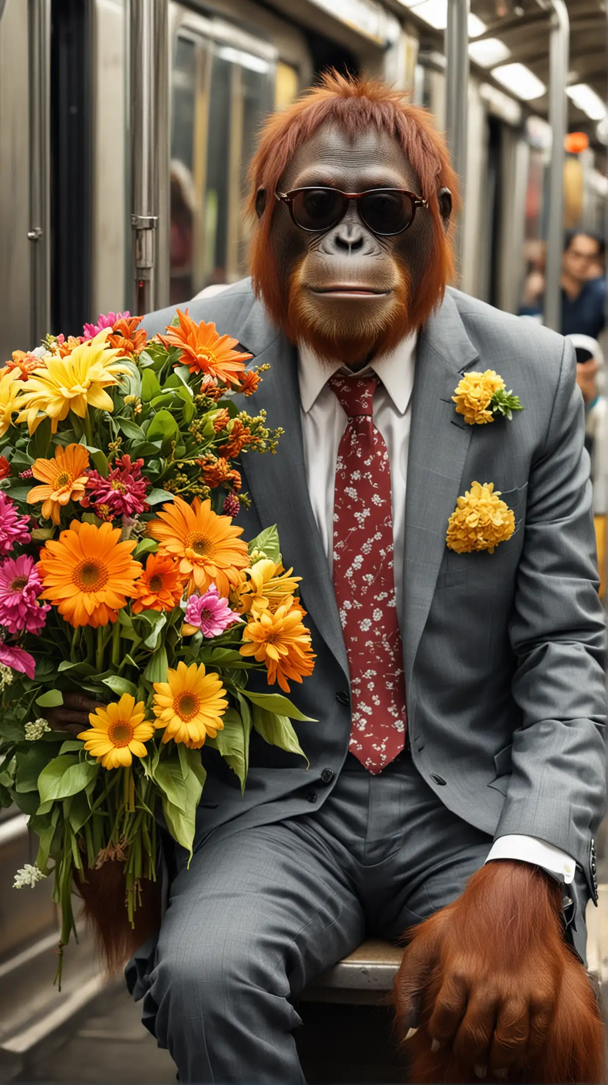 Orangutan Commuting with Floral Ambiance and Stylish Suit and Sunglasses