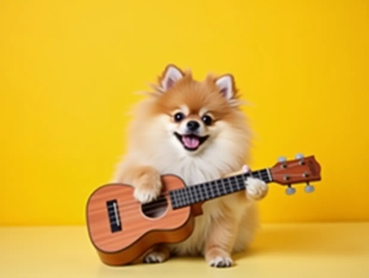 Cute Pomeranian dog with ukulele on table against yellow background