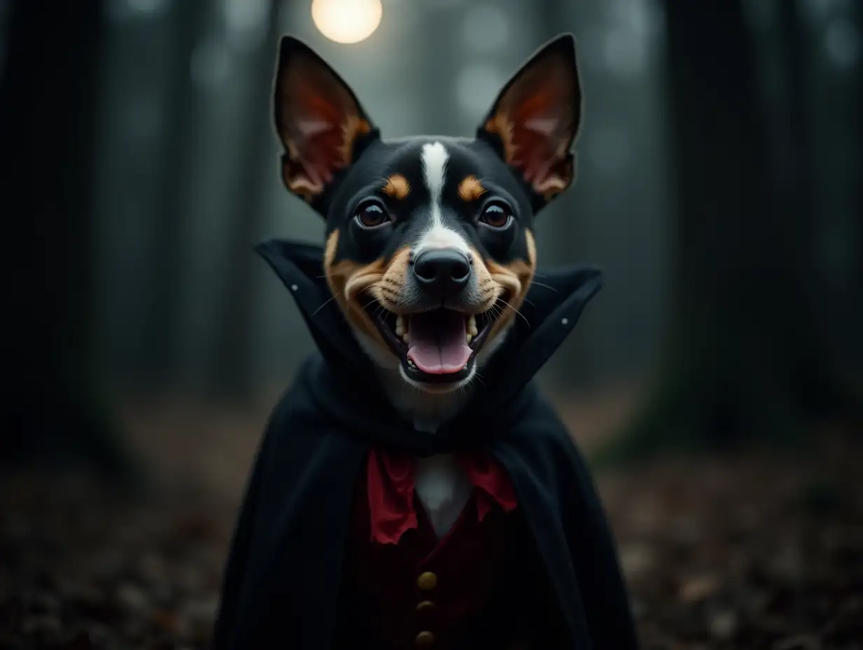 Cute dog dressed up as vampire in dark moonlit forest. Smiling staffordshire terrier puppy in halloween costume of scary vampire in the woods, shot in low key