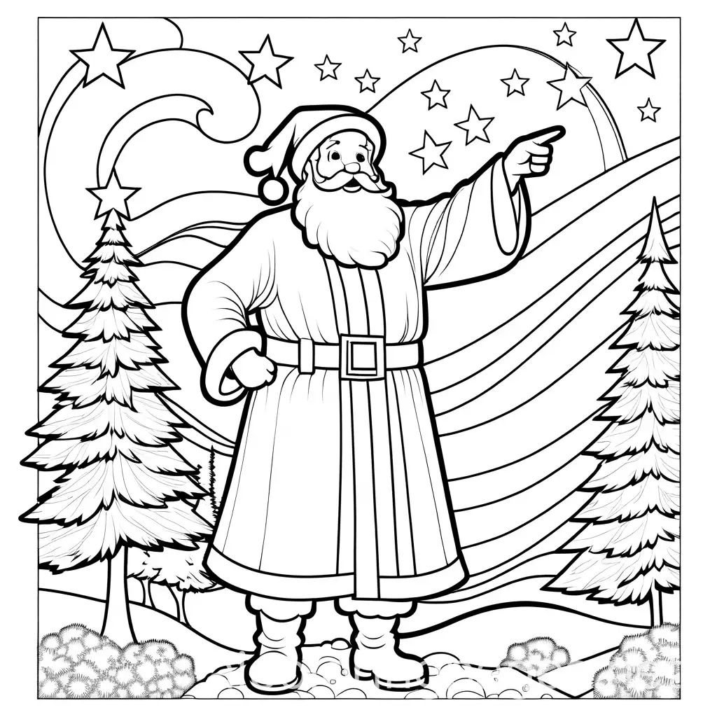 Slim-Santa-Claus-Pointing-at-a-Star-Coloring-Page-for-Kids