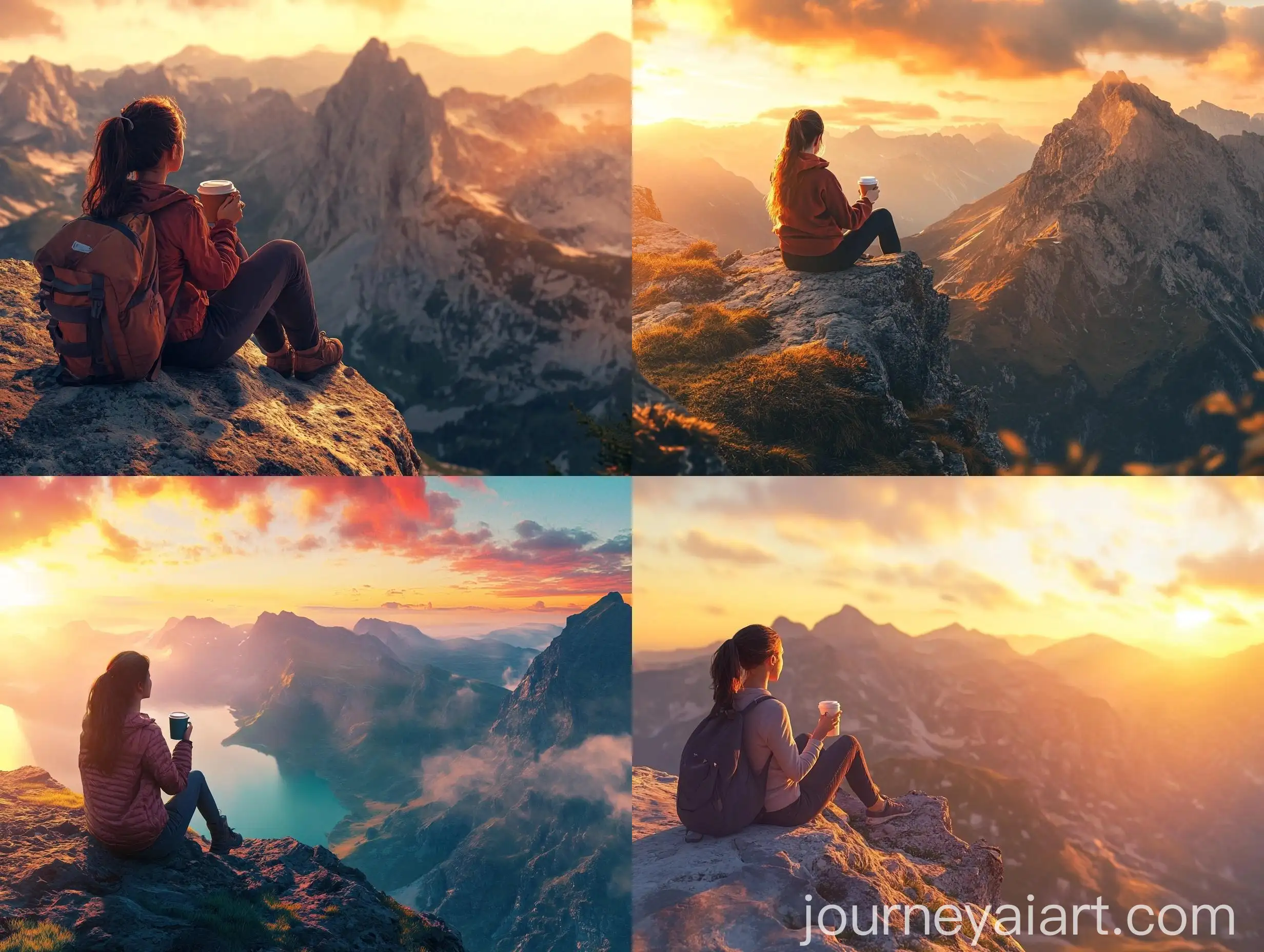 Girl-Drinking-Cappuccino-on-Cliff-at-Sunset