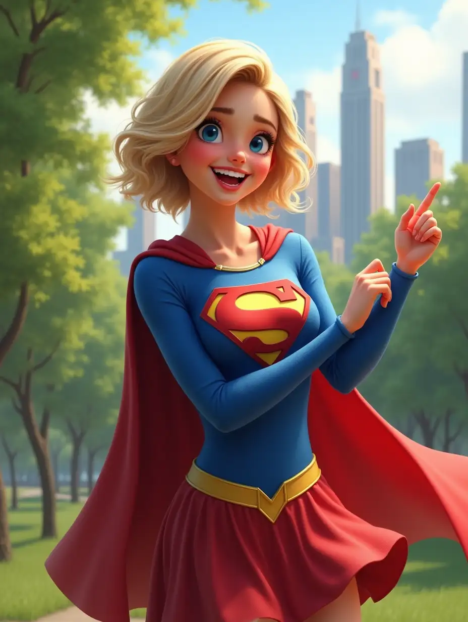 A highly detailed and realistic digital painting of a cheerful young woman dressed as Supergirl. She has short, wavy blonde hair, bright blue eyes, and a wide, excited smile. She is wearing a vibrant blue and red superhero suit with the iconic 'S' emblem on her chest, a flowing red cape, and golden accents. She is standing outdoors in a lush green park with a city skyline in the background. She is playfully pointing towards something with enthusiasm. The lighting is bright and natural, creating a warm and inviting atmosphere. The style is semi-realistic with a touch of fantasy, featuring smooth skin, intricate textures, and lifelike expressions.