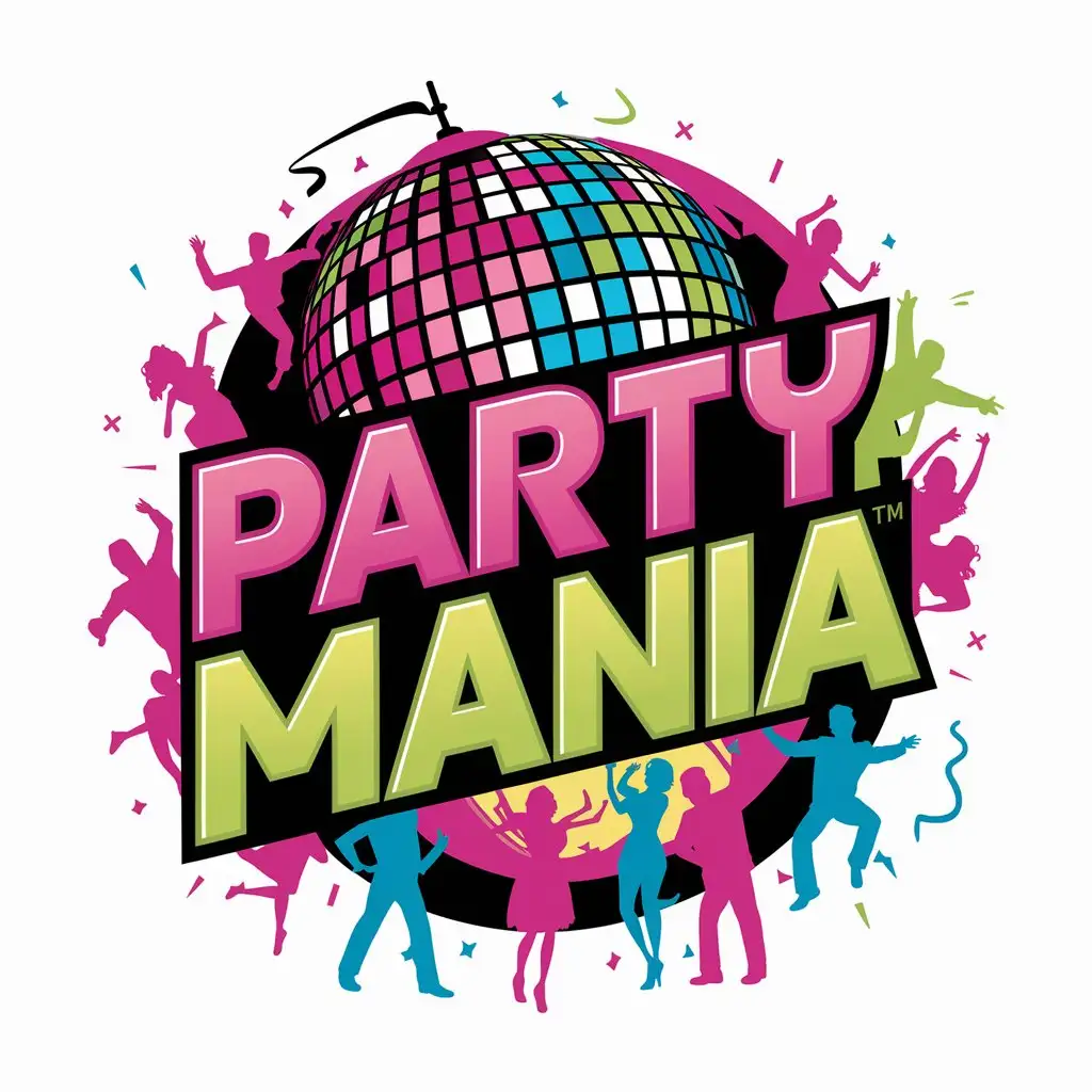 Нарисуй логотип для компании с названием Party mania. Используй в оформлении яркие цвета, изображение диско-шара, весёлых людей и вечеринок. 