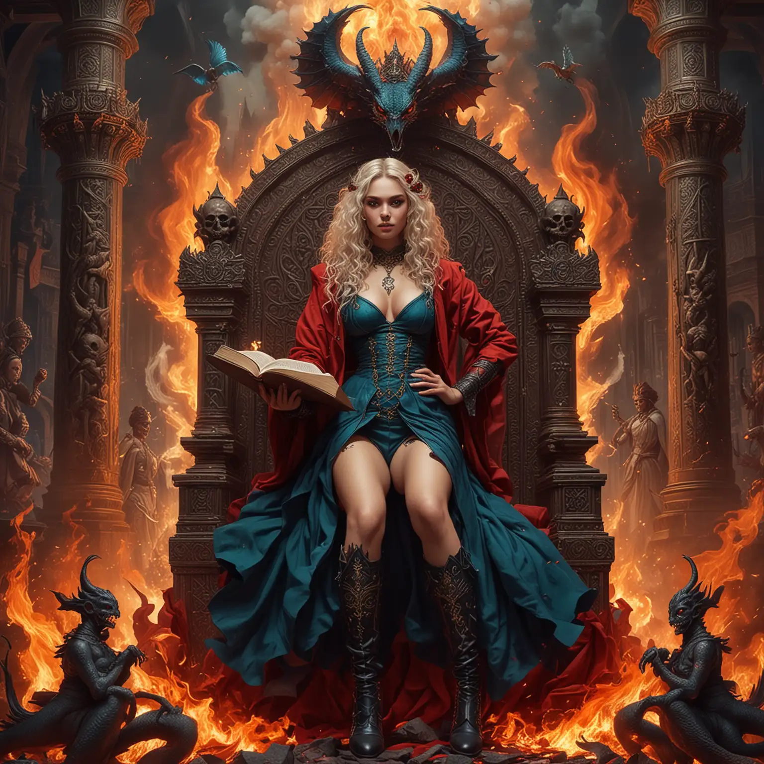 Beautiful Adolescent Goddess Sorceress Commanding FireBreathing Dragons