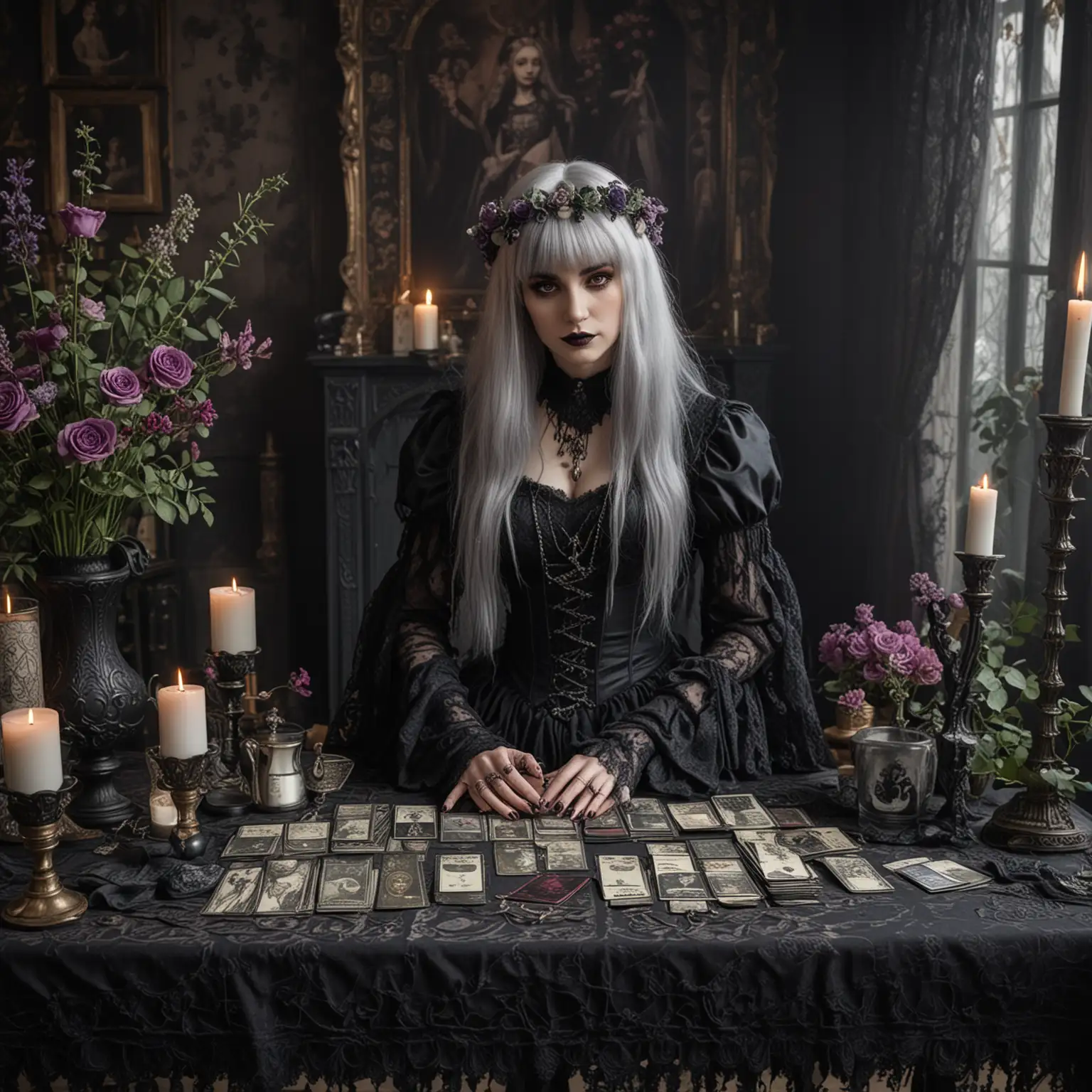 large gothic table with gothic tarot cards. violet rose arrangement. Goth woman with long grey hair with bangs behind the table. Violet lace blouse. Leafy tea