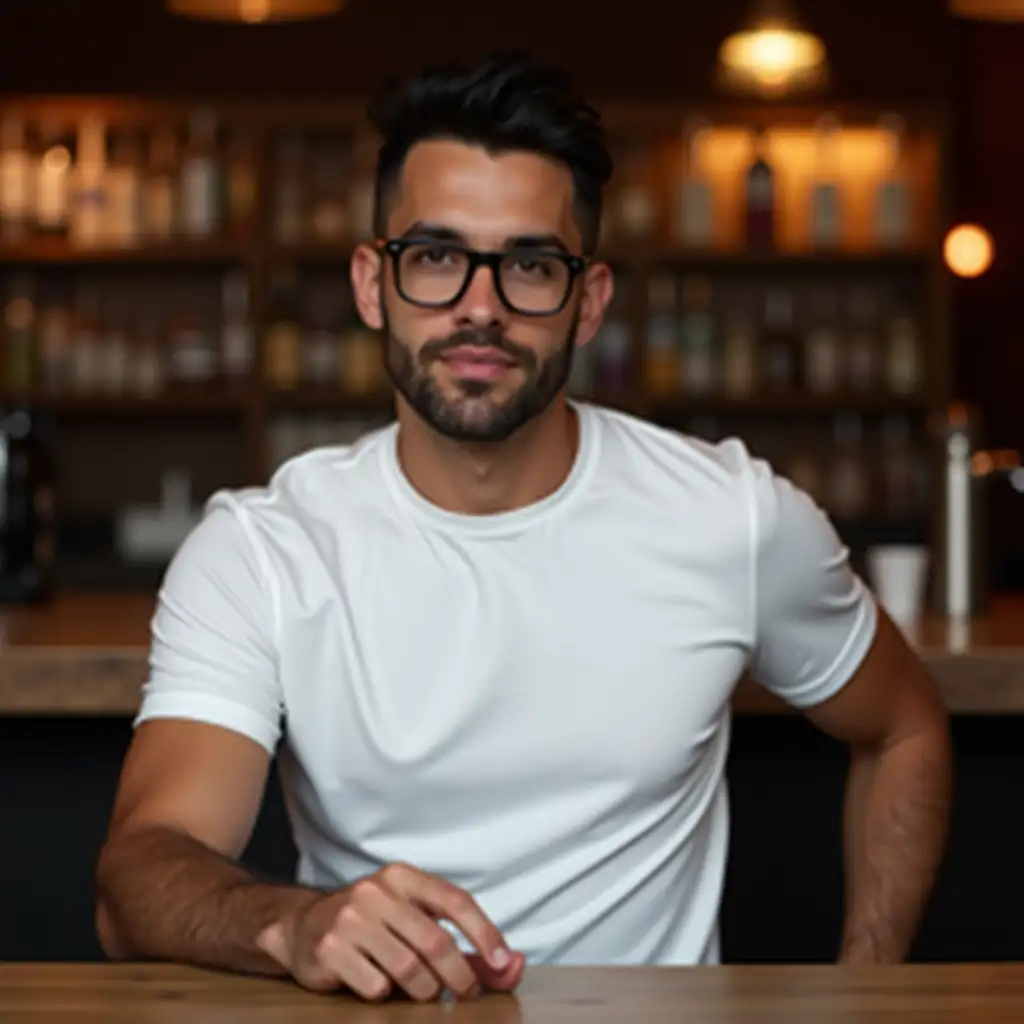 A white man with black hair and black square glasses is sitting at a bar. He is wearing a plain white crew neck shirt, which is clearly visible for potential design placement. The bar setting has a relaxed yet stylish ambiance, with warm lighting and a few drinks on the counter. The focus remains on the man and his blank shirt, making it ideal for customization.