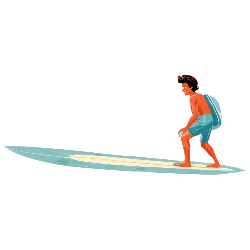 A 2D retro video game style sprite of a surfer on a surf board. The surfer is Surfer Bro and is riding his surfboard to the right of the frame.