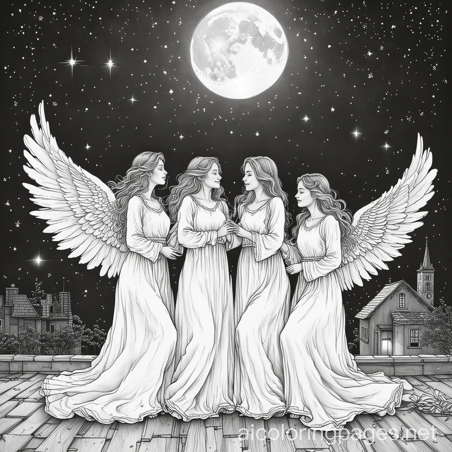 Three-Beautiful-Daughters-in-White-Flowy-Gowns-Dancing-and-Sitting-Under-Moonlight