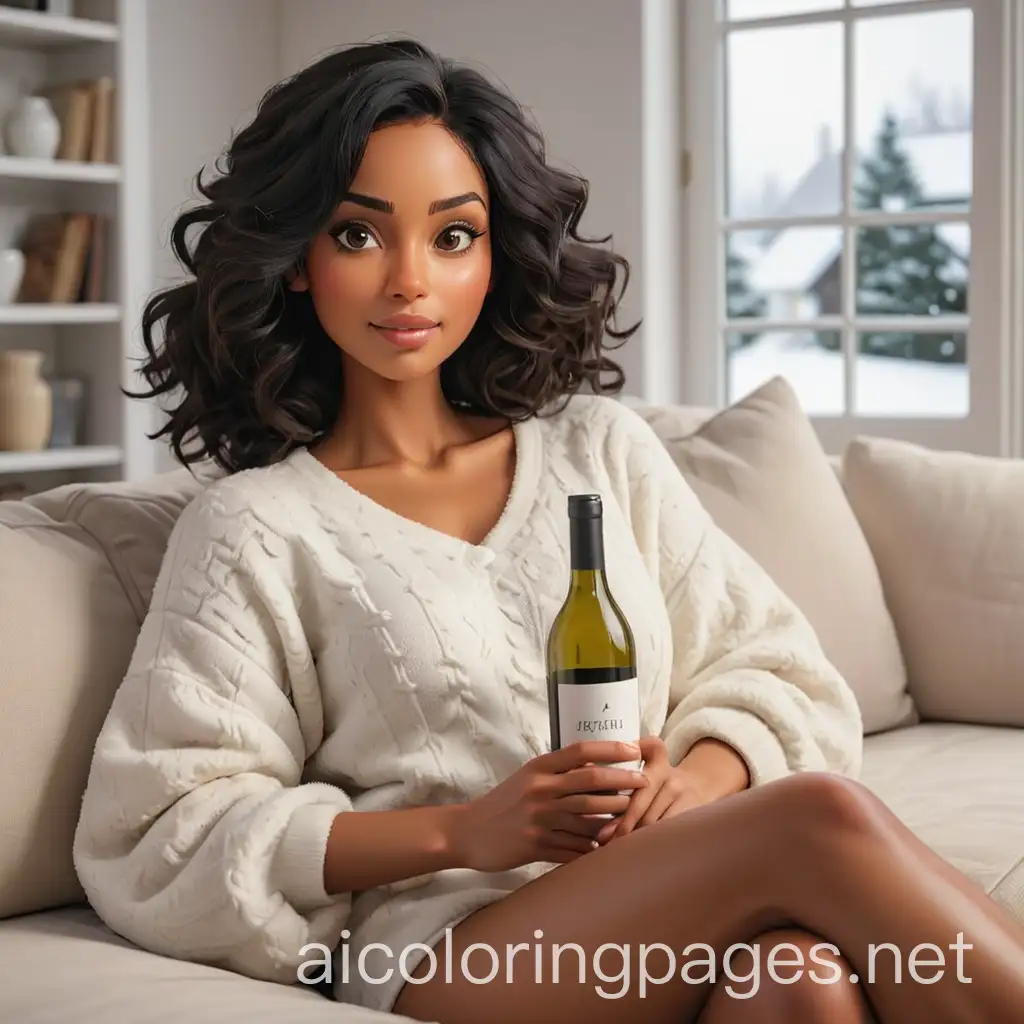 Relaxing-BrownSkinned-Woman-with-Wine-on-Cozy-Couch-in-Snowy-White-House