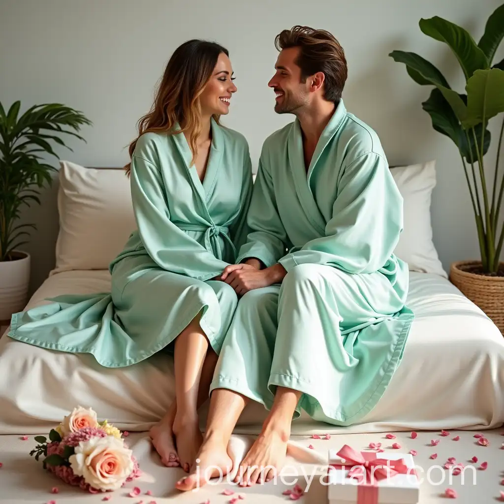 Couple-Relaxing-in-Matching-Mint-Satin-Robes-at-Luxurious-Spa-on-Valentines-Day