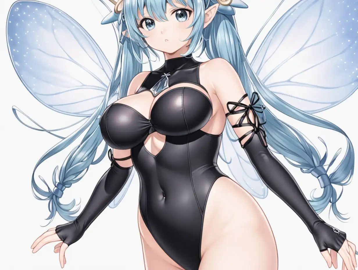 A big-chested fairy. Black bodysuit. Whip. Cute anime illustration.