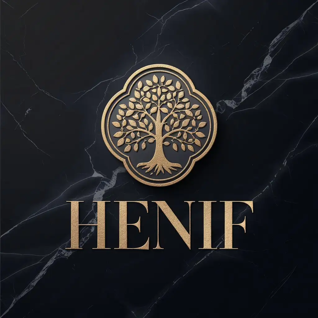 LOGO Design for HENIF Elegant Gold Embossed Plane Tree with Premium Typography and Marble Texture