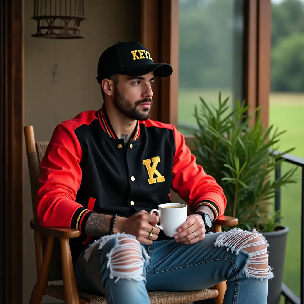 Handsome-Man-in-Black-Snapback-Enjoying-Coffee-on-Outdoor-Terrace-with-Rural-Background