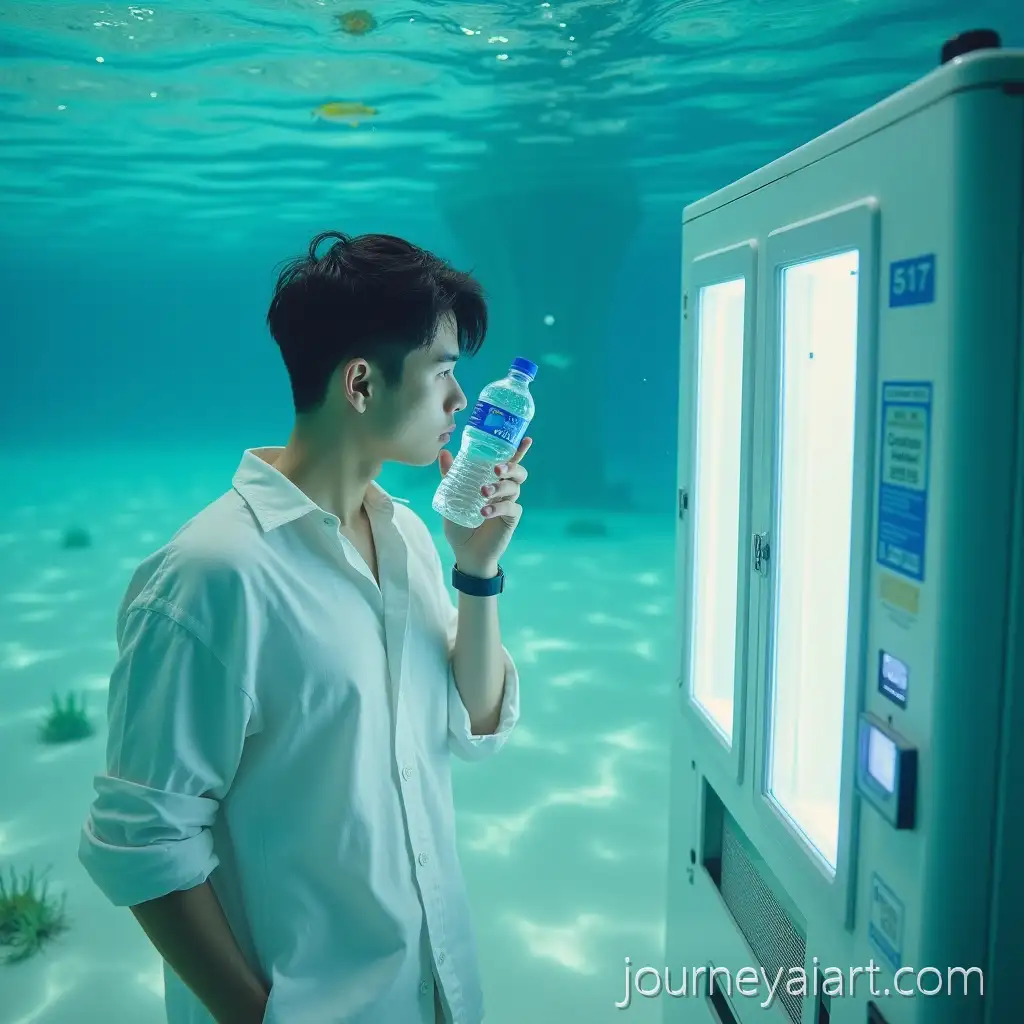 Underwater-vending-machine-sceneUnderwater-Macro-Shot-of-a-Young-Man-with-Water-Bottle-and-Vending-Machine-in-Dreamy-Cinematic-Setting