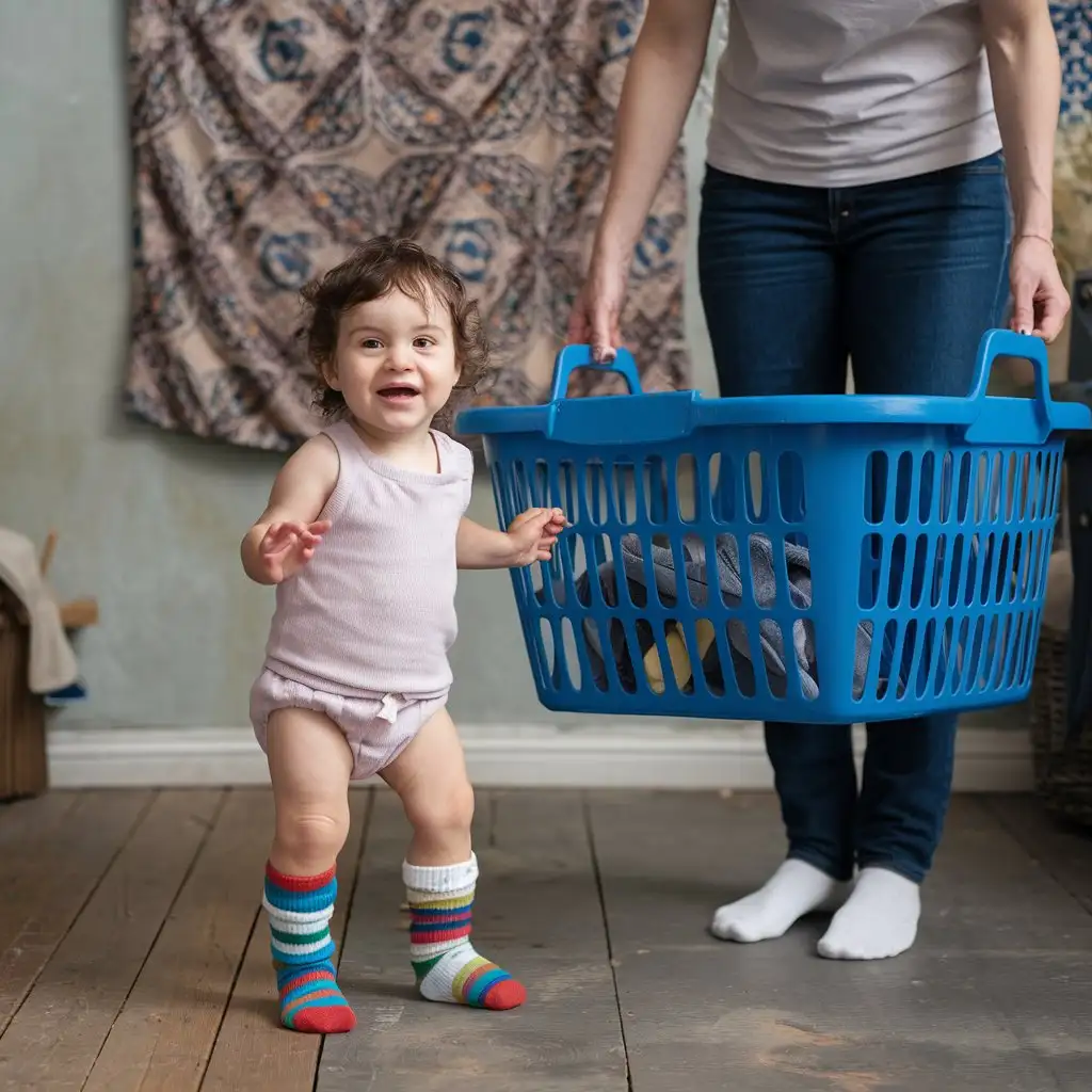 A child proudly wearing mismatched, colorful socks with sandals, while the parent shrugs and laughs, holding a laundry basket.