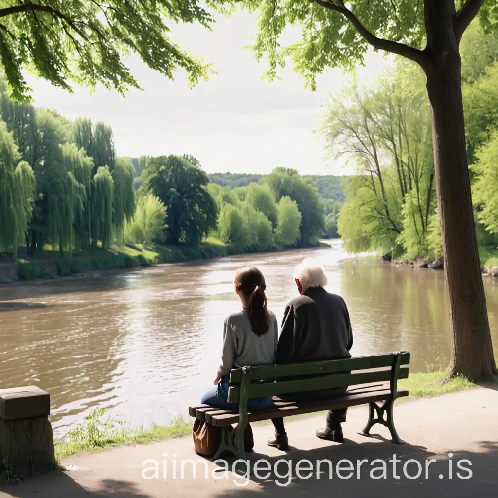 Young-Woman-and-Elderly-Man-Sitting-on-a-Bench-by-a-River-Surrounded-by-Trees