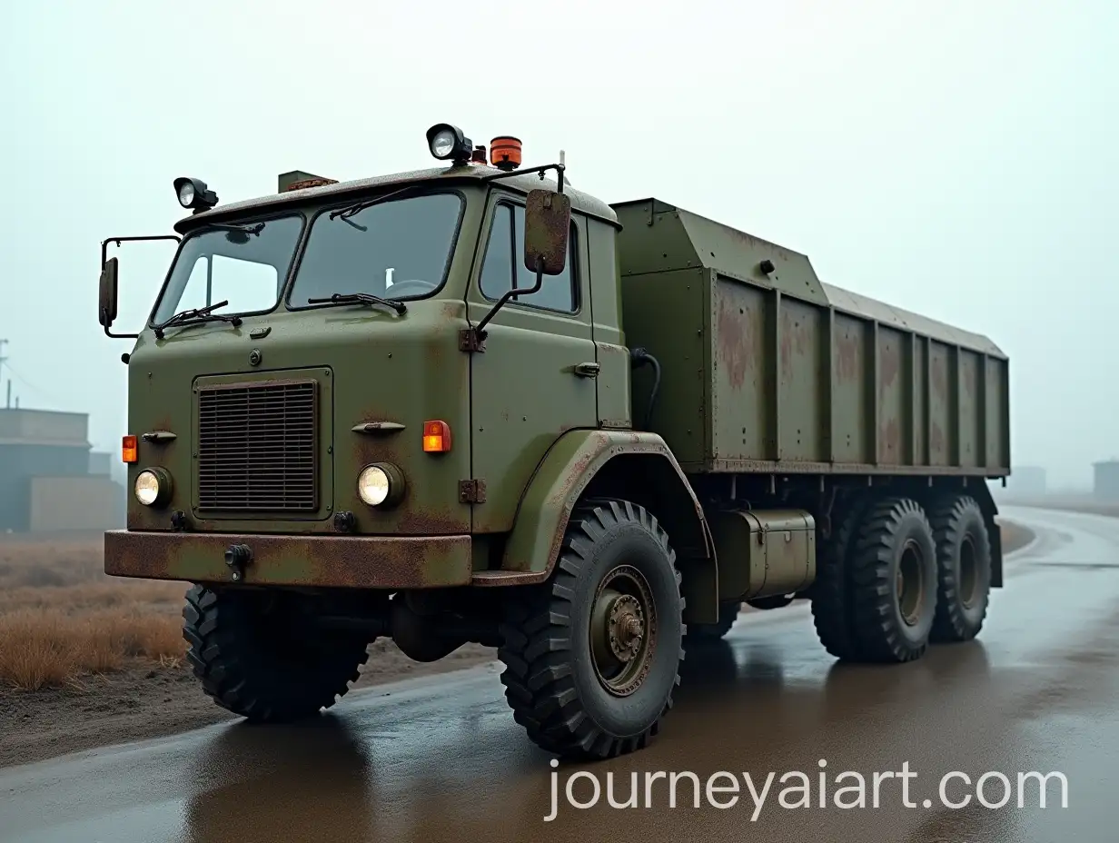 Heavily-Armored-Military-Truck-on-Foggy-Battlefield-Road