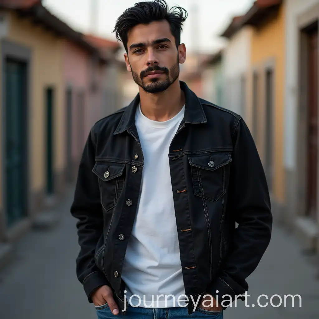 Photorealistic-Portrait-of-a-Man-in-a-Black-Denim-Jacket-in-a-Small-Town-at-Dusk