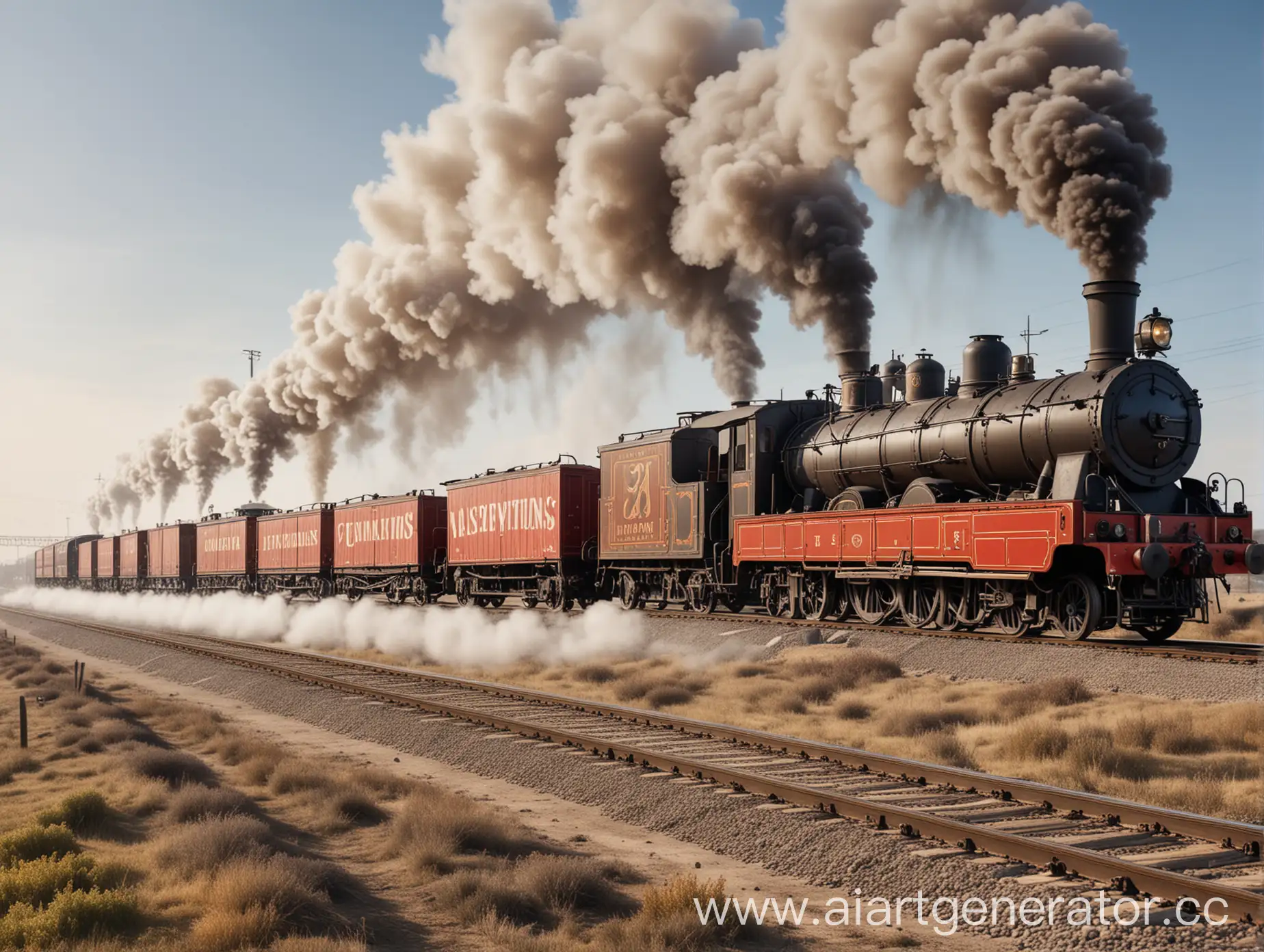 the image of a circus train of 5 wooden wagons, on the wagons patterns associated with a circus, with a steam locomotive at the beginning of which smoke is coming from the chimney, the train must ride on rails against a clear sky, realism style