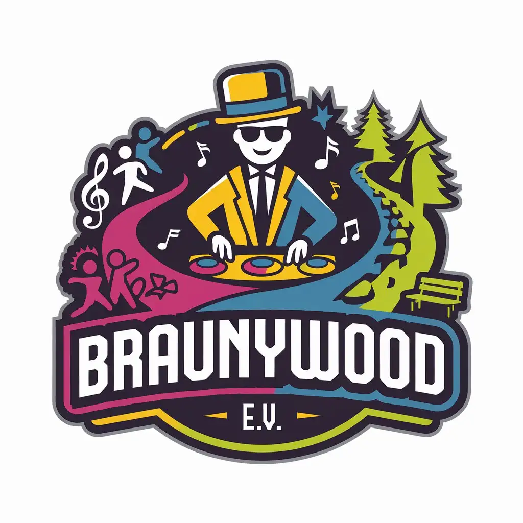 LOGO Design for Braunywood eV DJ with Baker Hat Music Notes Hiking Trail Dancing People Theme