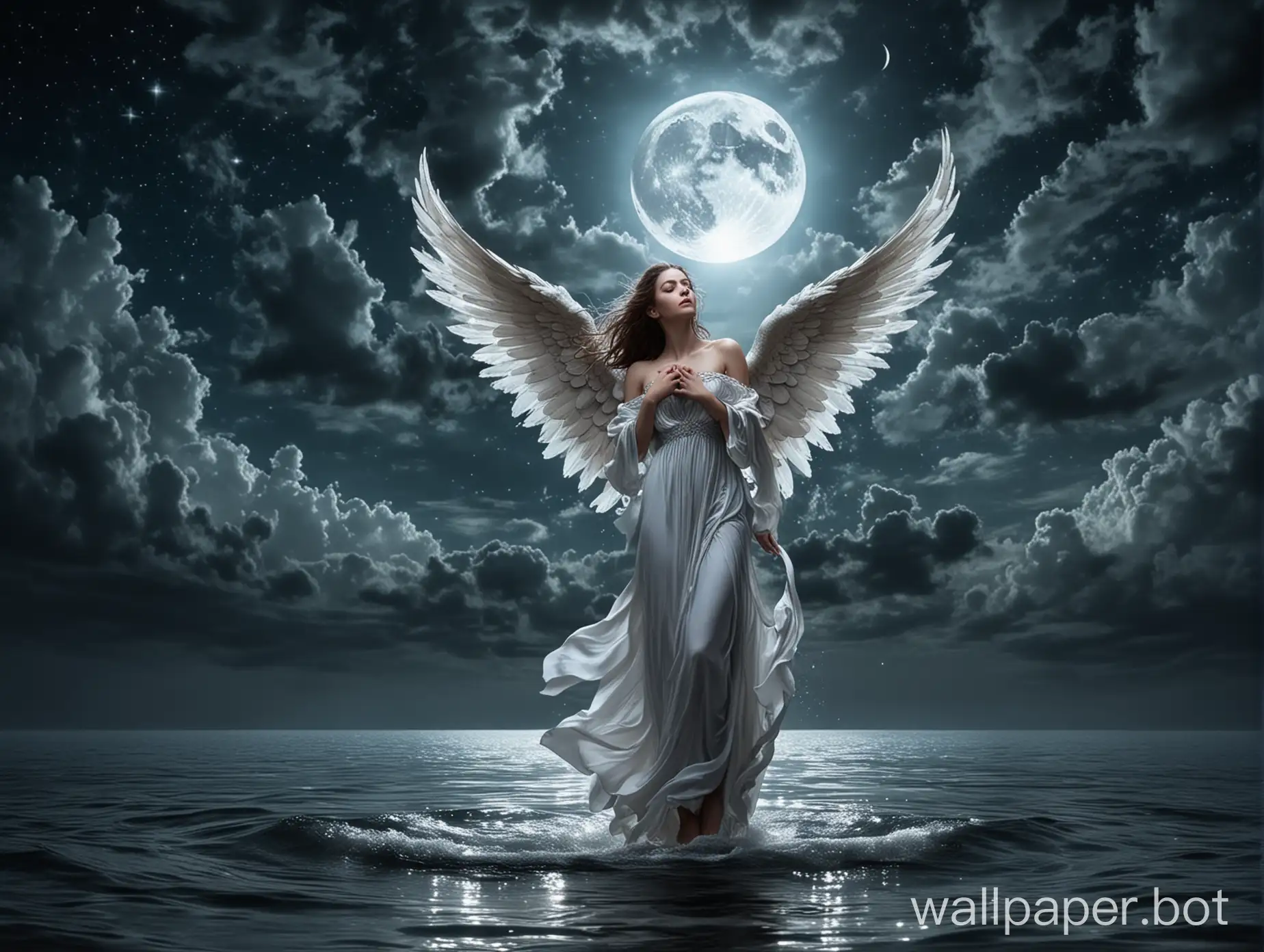 beautiful angel in the sky, moon, water, dark