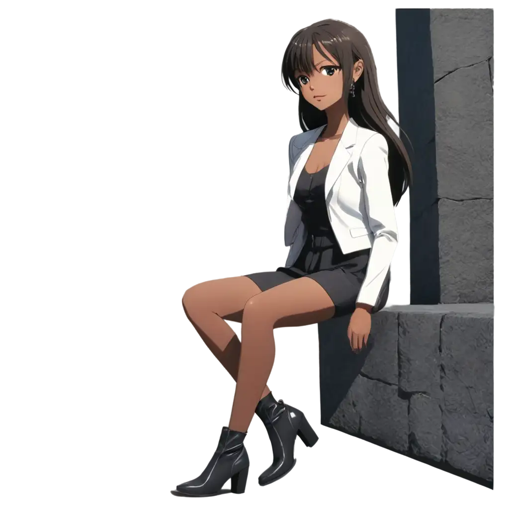 (anime screencap:1.5), Stylized dark skin gyaru anime character wearing a sleek hexagonal-textured suit,ear piercing, set against a dimly lit stone wall, cinematic lighting. Walking towards the camera, hair flowing in motion. Chromatic aberration for a slight retro-futuristic look.Subtle fog effects, creating a dreamlike atmosphere. Sitting on a ledge, legs dangling, looking down thoughtfully.