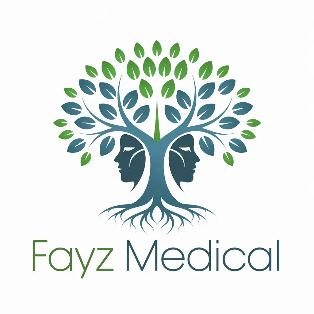 LOGO Design for FAYZ Medical Green Blue Tree with Dual Faces for Psychological Harmony