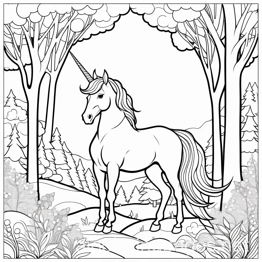 Unicorn-in-Forest-Coloring-Page-for-Children-Line-Art