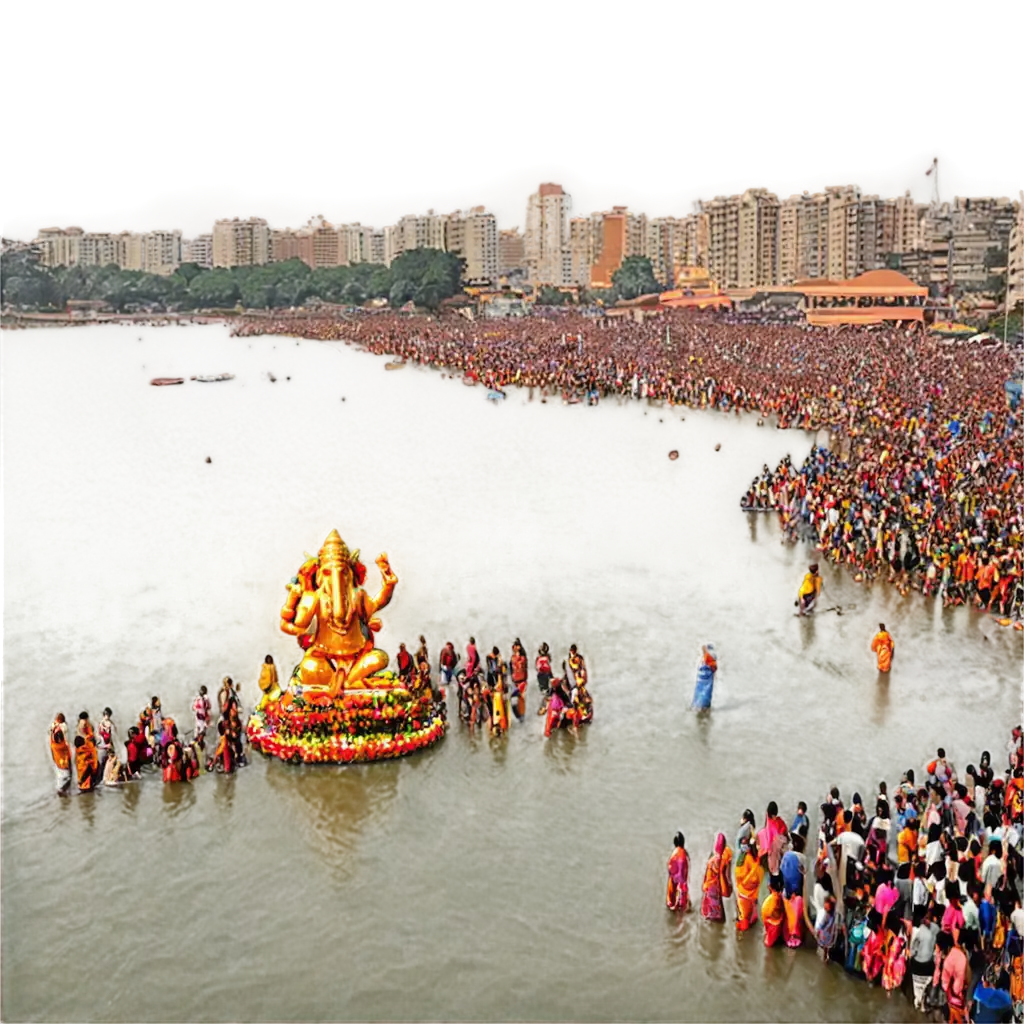 ganesh visarjan with river with many people