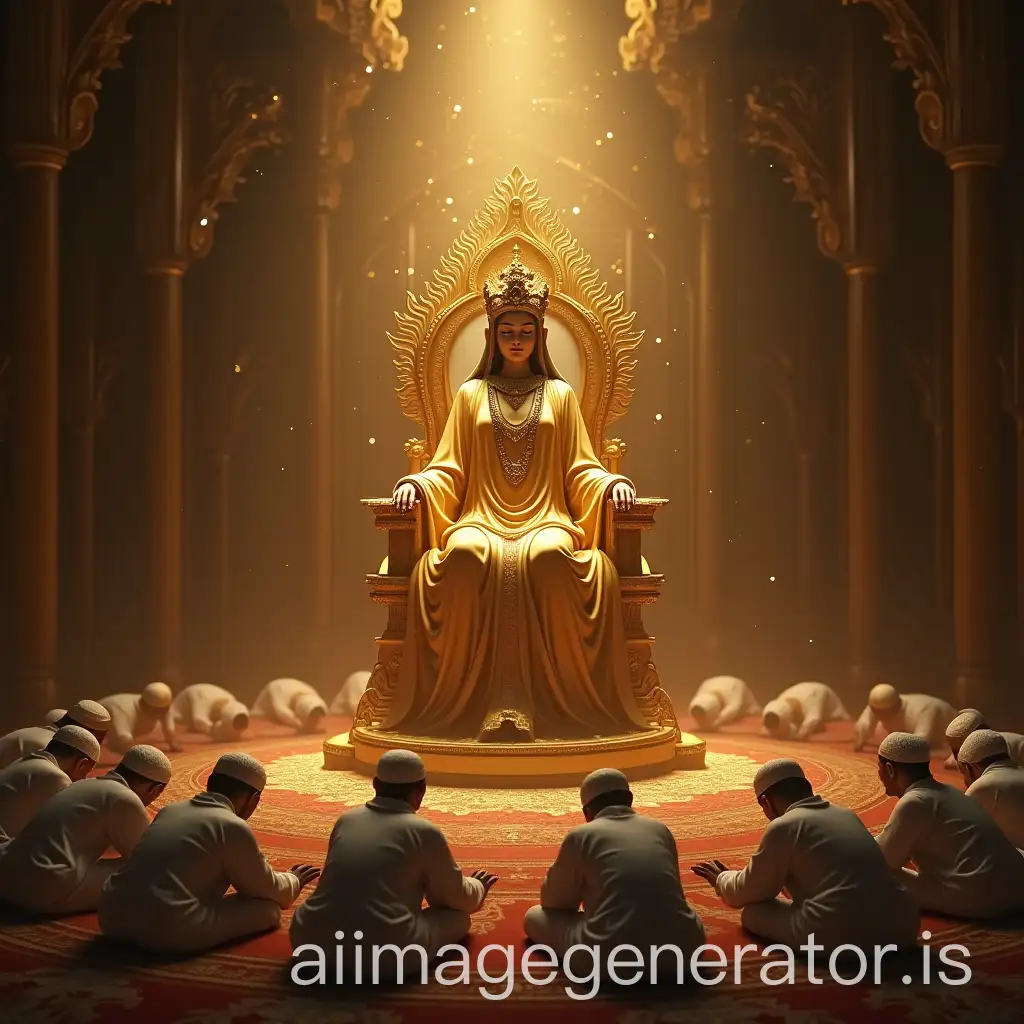 Goddess-on-Golden-Throne-with-Devotees-Worshipping-in-Prostration