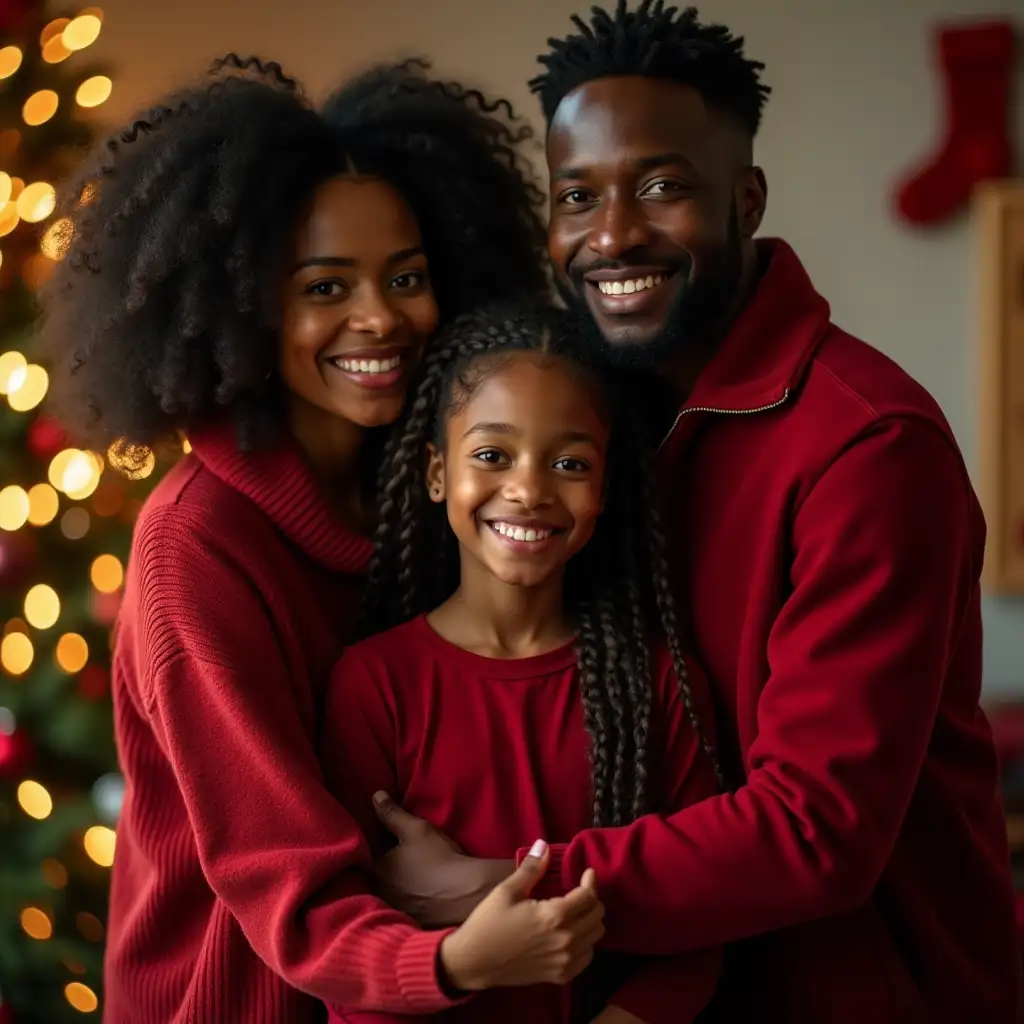 Black Family Celebrating Christmas Together with Teenage Daughter