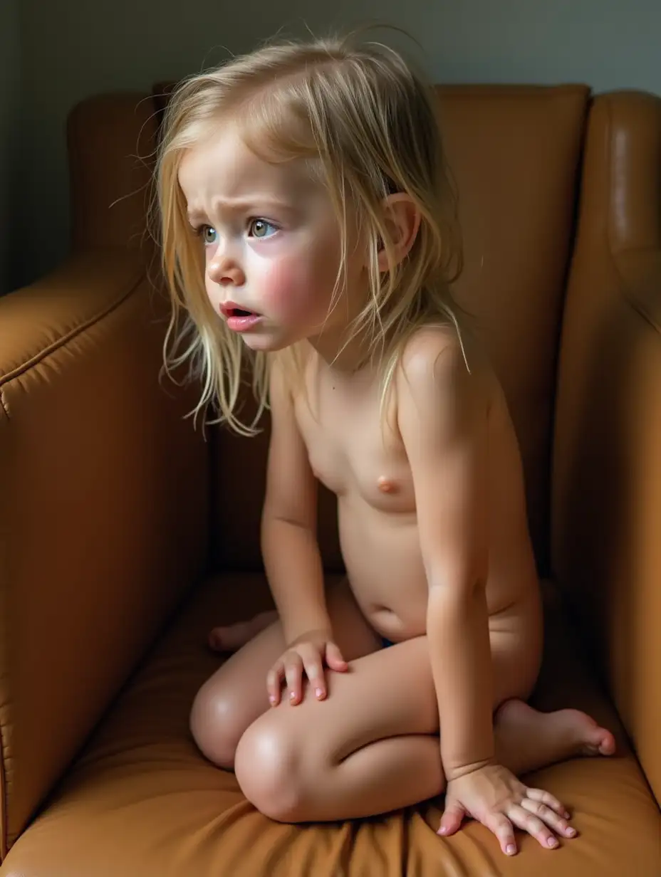 Little-Girl-Crying-on-Leather-Chair-with-Wet-Shiny-Skin-and-Sandy-Blonde-Hair