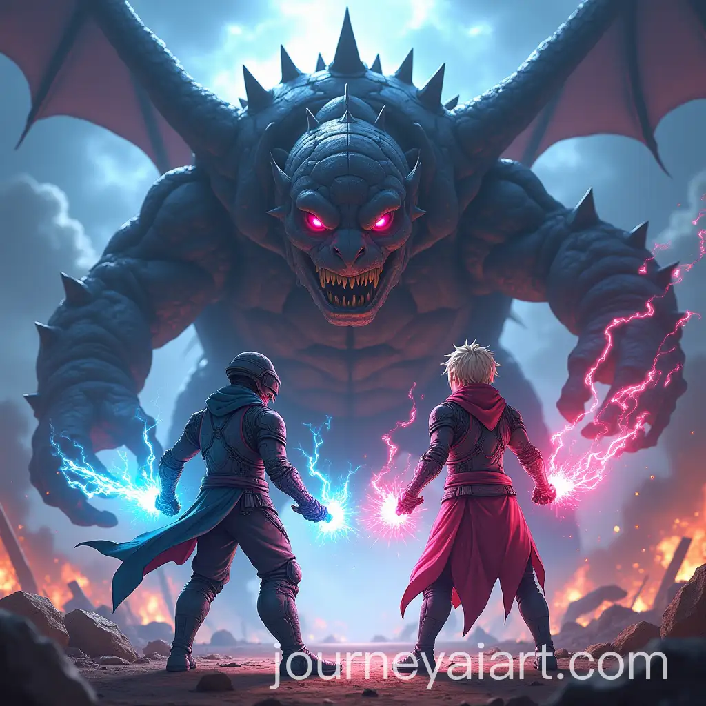 Anime-Battle-Between-Heroes-and-Giant-Turtle-Creature-in-Fiery-Battlefield