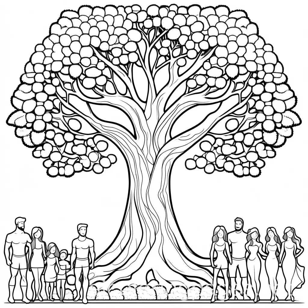 family tree with Adam and Eve standing at the base of the tree, Coloring Page, black and white, line art, white background, Simplicity, Ample White Space. The background of the coloring page is plain white to make it easy for young children to color within the lines. The outlines of all the subjects are easy to distinguish, making it simple for kids to color without too much difficulty