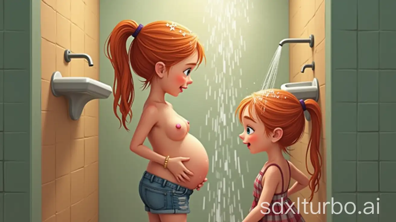 two Adorable-Pregnant-redhead-Girl-at-Preschool-shower stall spraying soapy water inside by the back flower