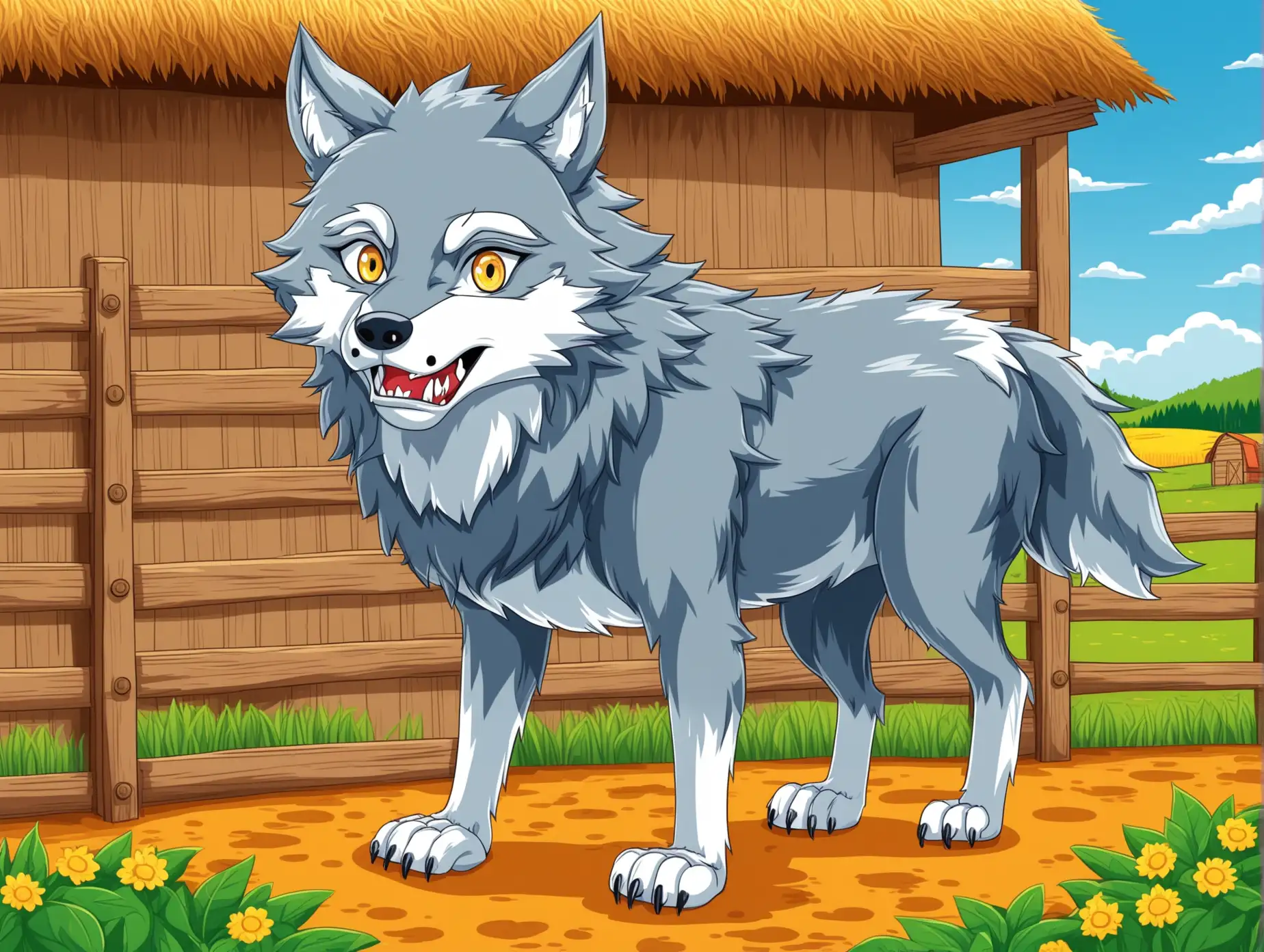 Cartoon Wolf Standing on Feet in Farm Setting