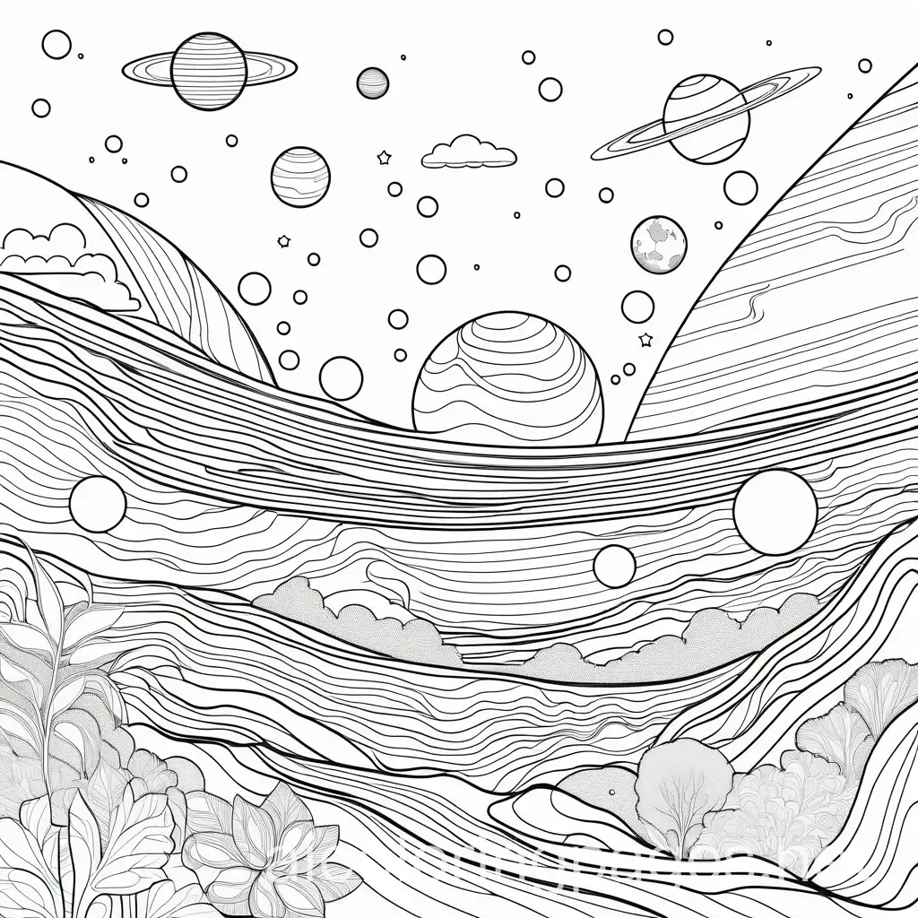 weird space planets, Coloring Page, black and white, line art, white background, Simplicity, Ample White Space. The background of the coloring page is plain white to make it easy for young children to color within the lines. The outlines of all the subjects are easy to distinguish, making it simple for kids to color without too much difficulty