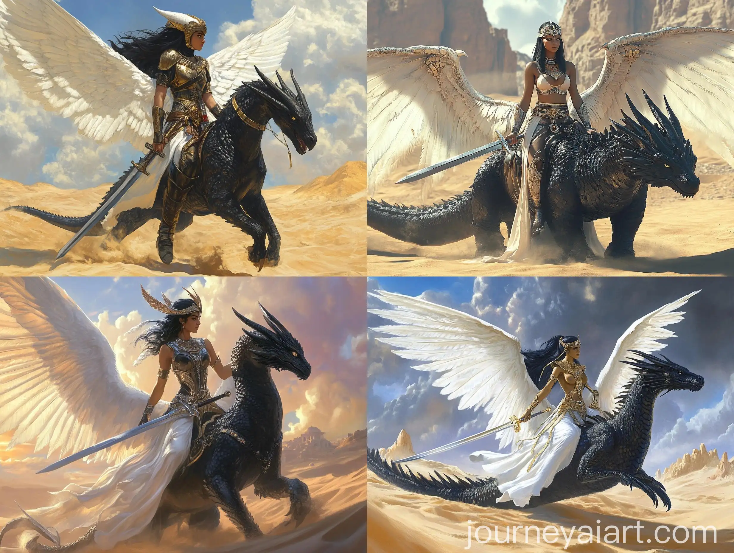 Egyptian-Princess-Riding-Black-Dragon-with-White-Wings-in-Desert