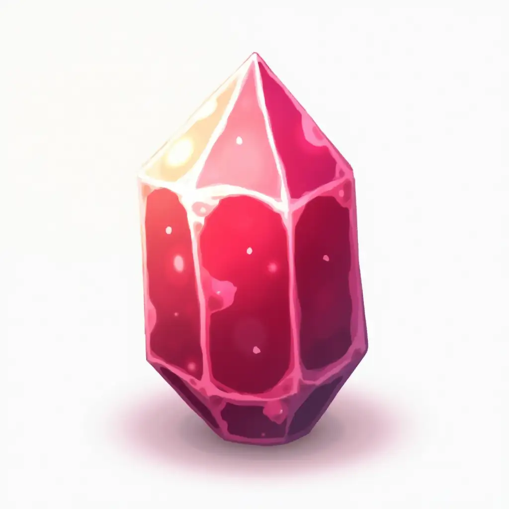 Draw a currency icon for a mobile 2D game: ruby. There should be nothing extra in the picture, only the object itself. Make the background transparent. The crystal does not need to be tilted, it should stand straight up. There should be no light or shadows on the icon.