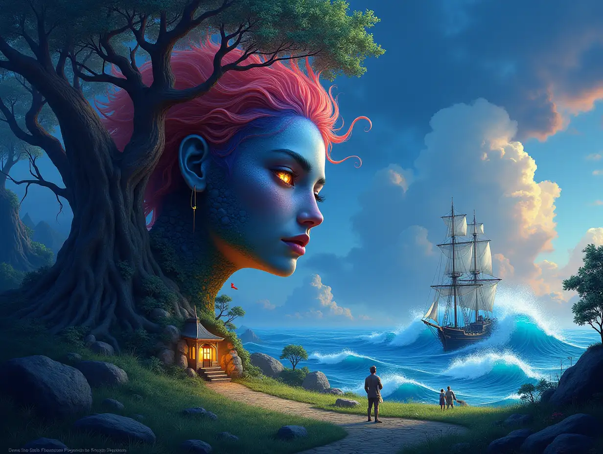 Creating a Digital painting face with rainbow hair transforms into building with stones and lighting trees with roots and rocks and lantern and at the sea with large sailboat lit and very big waves Waves alien creatures on a meadow Rainbow night